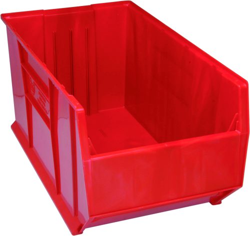 The Quantum Hulk 36 Container, measuring 35-7/8L x 19-7/8W x 17-1/2H, is a stackable red polypropylene organizer made in the USA. It has open top and front, with solid sides featuring slightly raised edges for added stability, ideal for small item storage.