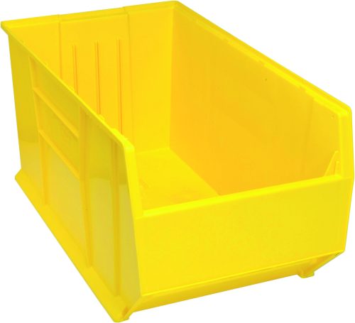 The Quantum Hulk 36 container, sized at 35-7/8L x 19-7/8W x 17-1/2H, is a bright yellow stackable storage bin made of polypropylene. It features reinforced sides and a slotted front for labeling and is currently empty. Made in the USA, this sturdy open-top bin has a rectangular shape.