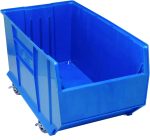 The Quantum Hulk 36 Container is a blue polypropylene utility bin on four wheels with smooth surfaces and reinforced edges. Its open front allows easy access, and its stackable for convenient storage or transport of goods. Dimensions: 35-7/8L x 19-7/8W x 20-1/2H. Made in USA.