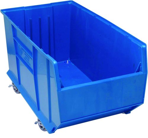 The Quantum Hulk 36 Container is a blue polypropylene utility bin on four wheels with smooth surfaces and reinforced edges. Its open front allows easy access, and its stackable for convenient storage or transport of goods. Dimensions: 35-7/8L x 19-7/8W x 20-1/2H. Made in USA.