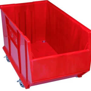 The Quantum Hulk 36 Container is a large, red, stackable polypropylene storage bin with an open front and four caster wheels for easy mobility, ideal for efficiently holding and transporting items. Made in the USA.