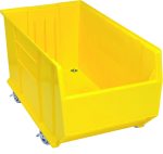 The Quantum Hulk 36 Container is a large, yellow, stackable polypropylene storage bin with an open top and four swivel casters for easy mobility. With empty interiors, its reinforced sides and smooth finish ensure durability.