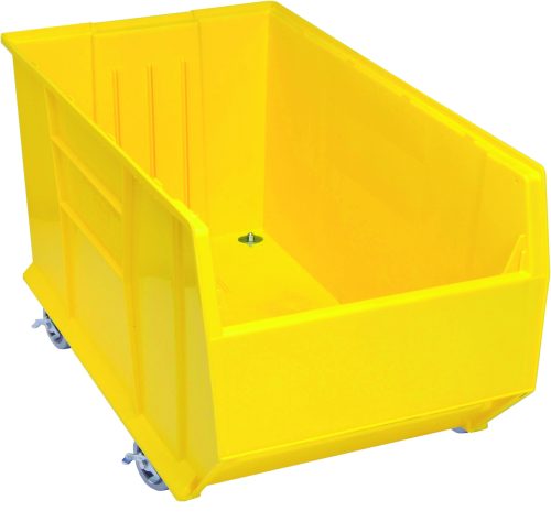 The Quantum Hulk 36 Container is a large, yellow, stackable polypropylene storage bin with an open top and four swivel casters for easy mobility. With empty interiors, its reinforced sides and smooth finish ensure durability.