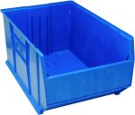 The Quantum Hulk 36 Container is a blue, stackable polypropylene bin measuring 35-7/8L x 23-7/8W x 17-1/2H. With an open top, reinforced edges, rectangular shape, and solid base, its perfect for efficient storage and organization. Made in the USA.