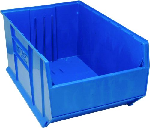 The Quantum Hulk 36 Container is a blue, stackable polypropylene bin measuring 35-7/8L x 23-7/8W x 17-1/2H. With an open top, reinforced edges, rectangular shape, and solid base, its perfect for efficient storage and organization. Made in the USA.