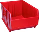 The Quantum Hulk 36 Container, measuring 35-7/8L x 23-7/8W x 17-1/2H, is made in the USA from polypropylene. It is stackable, red, and designed with an open front for easy access and reinforced sides along with a ribbed interior base for durability.