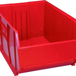 The Quantum Hulk 36 Container, measuring 35-7/8L x 23-7/8W x 17-1/2H, is made in the USA from polypropylene. It is stackable, red, and designed with an open front for easy access and reinforced sides along with a ribbed interior base for durability.