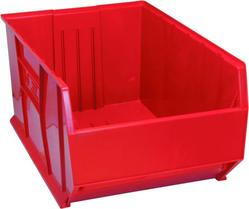 The Quantum Hulk 36 Container, measuring 35-7/8L x 23-7/8W x 17-1/2H, is made in the USA from polypropylene. It is stackable, red, and designed with an open front for easy access and reinforced sides along with a ribbed interior base for durability.