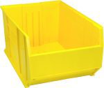 The Quantum Hulk 36 Container is a bright yellow polypropylene storage bin made in the USA, with an open front and reinforced sides for organizing items. Its stackable design ensures efficient use of space, measuring 35-7/8L x 23-7/8W x 17-1/2H, while its smooth surface adds a sleek touch.