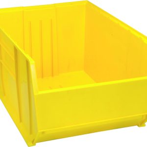The Quantum Hulk 36 Container is a bright yellow polypropylene storage bin made in the USA, with an open front and reinforced sides for organizing items. Its stackable design ensures efficient use of space, measuring 35-7/8L x 23-7/8W x 17-1/2H, while its smooth surface adds a sleek touch.