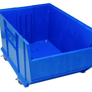 The Quantum Hulk 36 Container is a large blue polypropylene bin with an open top and slanted front, set on four wheels for mobility. Its stackable design, dimensions of 35-7/8L x 23-7/8W x 20-1/2H, optimizes storage space efficiently and is made in the USA.