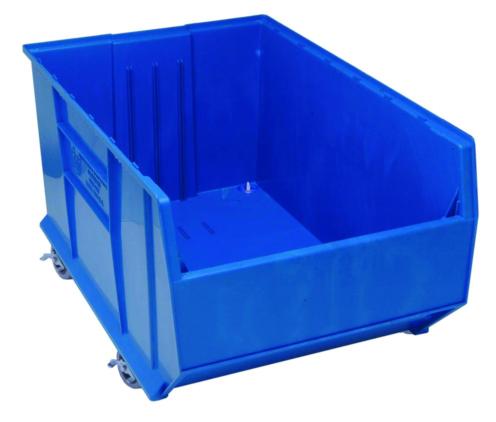Blue plastic hang and stack bin on a mobile base with casters