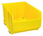 The Quantum Hulk 36 Container is a yellow, stackable polypropylene storage bin with an open front and four small wheels, ideal for easy organization or transportation. Made in the USA, it measures 35-7/8L x 23-7/8W x 20-1/2H.