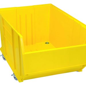 The Quantum Hulk 36 Container is a yellow, stackable polypropylene storage bin with an open front and four small wheels, ideal for easy organization or transportation. Made in the USA, it measures 35-7/8L x 23-7/8W x 20-1/2H.