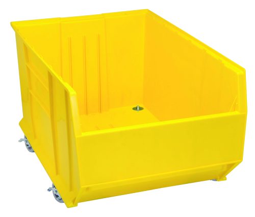 The Quantum Hulk 36 Container is a yellow, stackable polypropylene storage bin with an open front and four small wheels, ideal for easy organization or transportation. Made in the USA, it measures 35-7/8L x 23-7/8W x 20-1/2H.