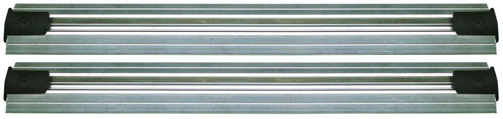 Assembled floor track pair with end stops for a single sliding shelving unit