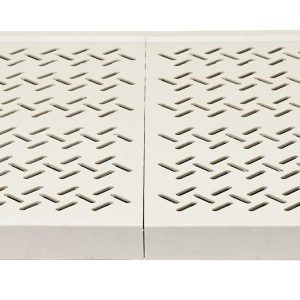 The Quantum Shelf is a blue epoxy antimicrobial finished plastic grid shelf featuring a wire frame, polymer mat, and folding hinge design. It supports up to 600 lbs per shelf and includes four split sleeves. Dishwasher safe and NSF approved, it offers warranties of 15 years on the frame and lifetime on the mat.