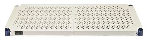 The Quantum Shelf is a blue epoxy antimicrobial finished plastic grid shelf featuring a wire frame, polymer mat, and folding hinge design. It supports up to 600 lbs per shelf and includes four split sleeves. Dishwasher safe and NSF approved, it offers warranties of 15 years on the frame and lifetime on the mat.