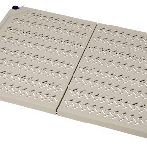 A beige foldable plastic crate lid with a perforated design for ventilation and reinforced black corners offers flexibility via dual sections and a central hinge. Enhanced by split sleeves, it fits seamlessly with systems like the Quantum Shelf featuring a blue epoxy antimicrobial finish.