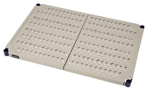 A beige foldable plastic crate lid with a perforated design for ventilation and reinforced black corners offers flexibility via dual sections and a central hinge. Enhanced by split sleeves, it fits seamlessly with systems like the Quantum Shelf featuring a blue epoxy antimicrobial finish.