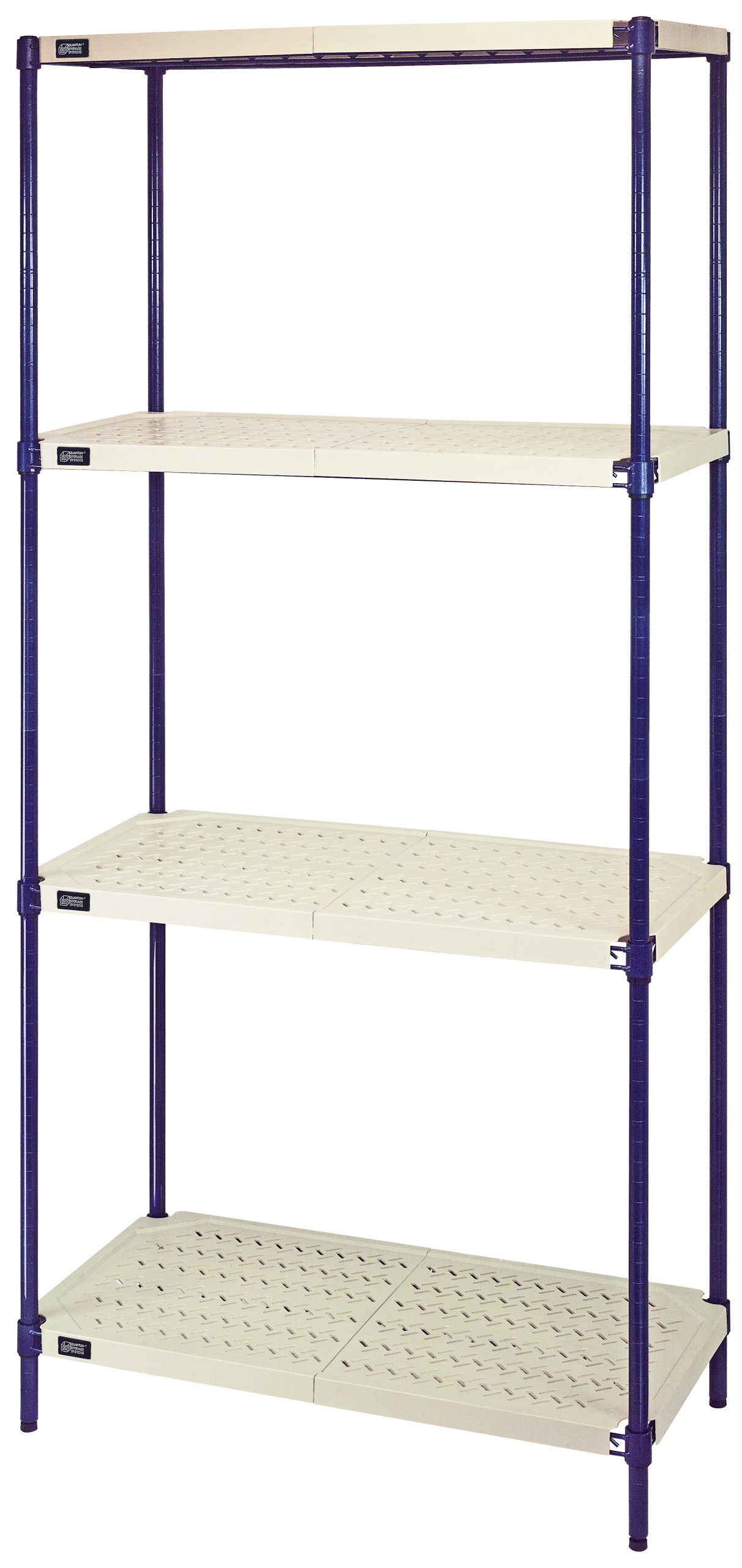 Shelving Unit, 4-Tier, 600 Lb. Weight Capacity Per Shelf, Includes: (4) Open Grid Dishwasher Safe Plastic Mat Shelves, (4) Adjustable Increments Steel Posts With Blue Anti-Bacterial Finish, (4) Wire Frames, & (4) Packs Of Split Sleeves (4 Pairs Each), NSF Approved, Shipped Kd In A Single Box, 15 Year Warranty On Metal, Lifetime Warranty On The Polymer Mat