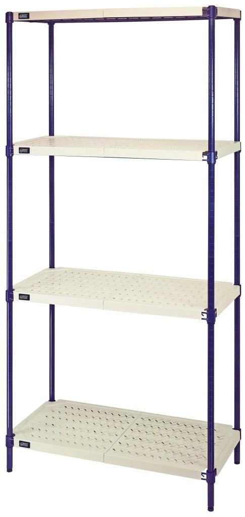 The Quantum Shelving Unit is a 4-tier, free-standing system featuring four open grid plastic shelves with a weight capacity of 600 lbs each. It includes adjustable steel posts with a blue anti-bacterial finish, all supported by wire frames. NSF approved and comes with extensive warranties.