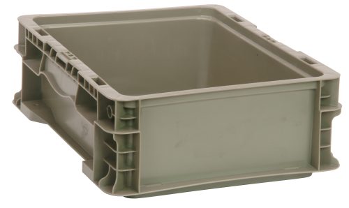 RSO1215-5.jpg The Quantum Stacker Straight Wall Container, measuring 12L x 15W x 5H and made of injection-molded high-density polyethylene, is gray with a stack capacity of up to 175 lbs. It features reinforced edges, a spacious open top, and built-in hand grips on two sides for easy handling.