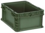 The Quantum Stacker straight wall container is gray, injection-molded from high-density polyethylene, measuring 12L x 15W x 7-1/2H. It features built-in hand grips on two sides and supports up to 175 lbs stacking capacity, designed for easy carrying and durability.