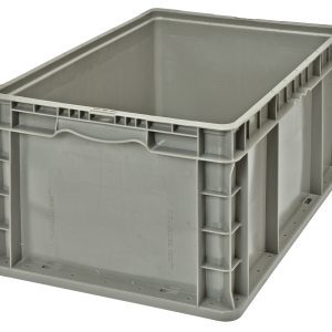 The Quantum Stacker Straight Wall Container, gray and made of injection molded high density polyethylene, measures 24L x 15W x 9-1/2H, featuring reinforced sides and an open top. It has a rectangular shape with ribbed exterior for durability and built-in hand grips on two sides.