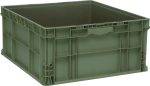 The Quantum Stacker Straight Wall Container, measuring 24L x 22-1/2W x 11H, is made from injection molded high-density polyethylene and supports up to 175 lbs. Its built-in hand grips make it ideal for organizing or transporting items.