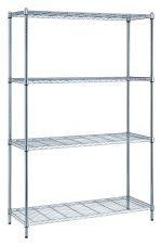 The Quantum Convenient Shelving Unit features a chrome-plated, 4-tier design with dimensions of 30W x 18D x 72H. Each shelf supports up to 300 lbs, and it includes four wire shelves, four posts, and split sleeves. Ideal for storage in garages, warehouses, or kitchens against a plain white backdrop.
