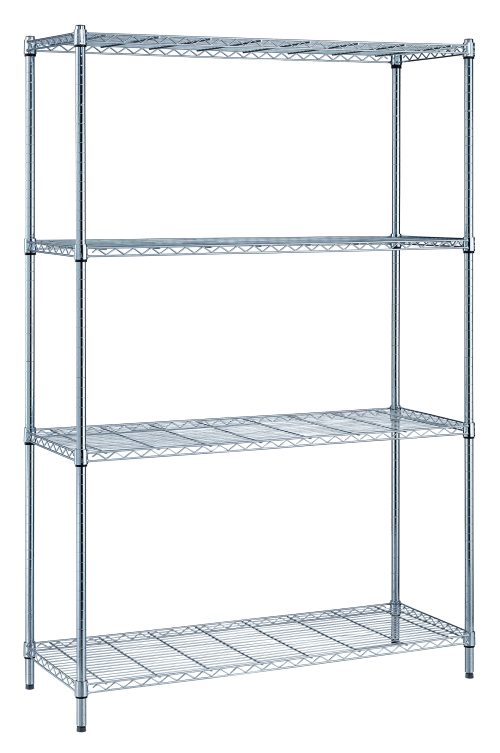 RWR72-1848LD.jpg The Quantum Convenient Shelving Unit features a chrome-plated, 4-tier design with dimensions of 30W x 18D x 72H. Each shelf supports up to 300 lbs, and it includes four wire shelves, four posts, and split sleeves. Ideal for storage in garages, warehouses, or kitchens against a plain white backdrop.