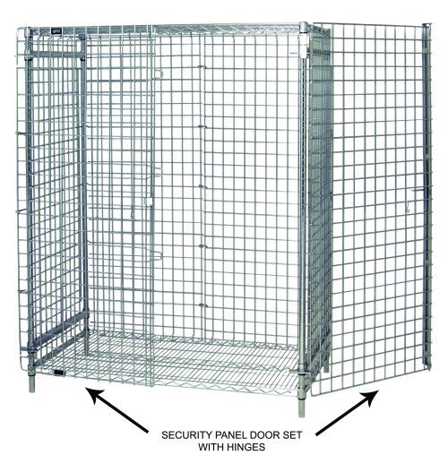 The Quantum Security Door is a metal wire cage with a chrome-plated finish, featuring an open security panel door set with hinges, designed for secure storage or containment in 36W security units.