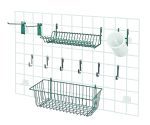 The Quantum Store Grid Accessory Pack offers a white organizer with green epoxy attachments, featuring a flatware cylinder, lid holder drying rack, two 6 hooks, six small hooks, and a 17W x 7D x 5H basket—ideal for keeping your space organized and clutter-free.