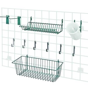 The Quantum Store Grid Accessory Pack offers a white organizer with green epoxy attachments, featuring a flatware cylinder, lid holder drying rack, two 6 hooks, six small hooks, and a 17W x 7D x 5H basket—ideal for keeping your space organized and clutter-free.