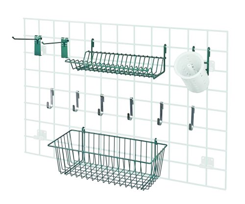The Quantum Store Grid Accessory Pack offers a white organizer with green epoxy attachments, featuring a flatware cylinder, lid holder drying rack, two 6 hooks, six small hooks, and a 17W x 7D x 5H basket—ideal for keeping your space organized and clutter-free.