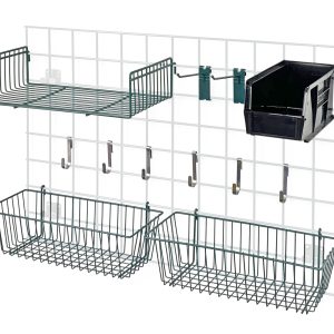 The Quantum Store Grid Accessory Pack 1 includes a 9x18 top shelf, a black QUS230 bin, and two 17x7x5 wire baskets. Additionally, it features six small hooks and two 6 hooks on a white frame with green and black accents. All components come in black epoxy antimicrobial finish.