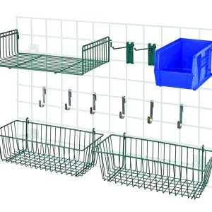 The white grid wall organizer includes two green wire baskets, each 17L x 7W x 5H, and features Store Grid Accessory Pack 1 with various hooks, including (2) 6 hooks for neat hanging. The medium basket is situated at the top left.
