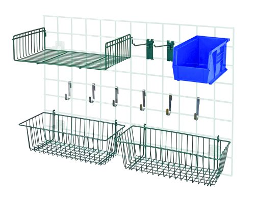 The white grid wall organizer includes two green wire baskets, each 17L x 7W x 5H, and features Store Grid Accessory Pack 1 with various hooks, including (2) 6 hooks for neat hanging. The medium basket is situated at the top left.