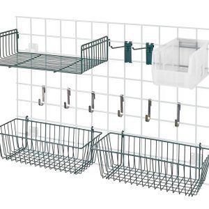 The Quantum Store Grid Accessory Pack comes with two 17W x 7D x 5H baskets, an 18W x 9D shelf, two 6 hooks, six small hooks, a single bin holder, and a QUS230 clear bin. It features a green epoxy antimicrobial finish and is NSF certified for versatile storage solutions.
