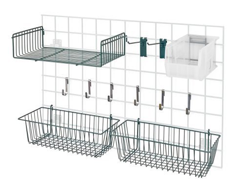 The Quantum Store Grid Accessory Pack comes with two 17W x 7D x 5H baskets, an 18W x 9D shelf, two 6 hooks, six small hooks, a single bin holder, and a QUS230 clear bin. It features a green epoxy antimicrobial finish and is NSF certified for versatile storage solutions.