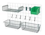 The Quantum Store Grid Accessory Pack 1 offers two 17L x 7W x 5H baskets, a 9W x 18L shelf, two 6 hooks, six small hooks, a single bin holder with a QUS230 bin (green or other colors), featuring a green epoxy antimicrobial finish. Perfect for organizing with efficiency.