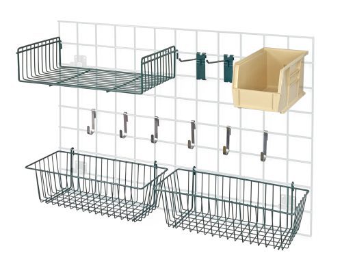 The white metal grid wall organizer, Quantum Store Grid Accessory Pack 1, includes a 9W x 18L small shelf, two green epoxy antimicrobial wire shelves, multiple hooks (two 6 and six small), a single bin holder with one QUS230 bin (available in various colors), and two 17L x 7W x 5H baskets.