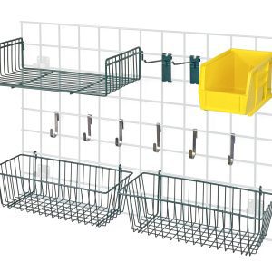 The Quantum Store Grid Accessory Pack 1 includes two 17L x 7W x 5H baskets, a 9W x 18L small shelf, six small hooks, two 6 hooks, a QUS230 bin with holder in multiple colors including yellow, and features a green epoxy antimicrobial finish for versatile storage solutions.