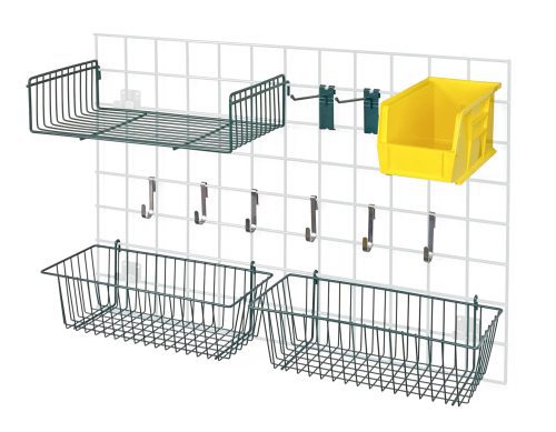 The Quantum Store Grid Accessory Pack 1 includes two 17L x 7W x 5H baskets, a 9W x 18L small shelf, six small hooks, two 6 hooks, a QUS230 bin with holder in multiple colors including yellow, and features a green epoxy antimicrobial finish for versatile storage solutions.