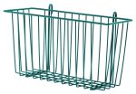 The Quantum Store Grid Basket, measuring 13W x 5D x 7H, features a green epoxy antimicrobial finish and NSF certification. It has a rectangular shape with vertical bars for visibility and ventilation and includes two hooks for hanging.