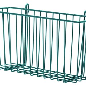 The Quantum Store Grid Basket, measuring 13W x 5D x 7H, features a green epoxy antimicrobial finish and NSF certification. It has a rectangular shape with vertical bars for visibility and ventilation and includes two hooks for hanging.