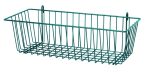 The Quantum Store Grid Basket, measuring 17W x 7D x 5H, is a green metal wire basket with an antimicrobial epoxy finish. It has a rectangular shape with two hooks for hanging and features a grid-like structure for excellent air circulation, making it perfect for storage and organization.