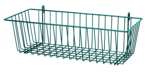 Basket 18x8x5 The Quantum Store Grid Basket, measuring 17W x 7D x 5H, is a green metal wire basket with an antimicrobial epoxy finish. It has a rectangular shape with two hooks for hanging and features a grid-like structure for excellent air circulation, making it perfect for storage and organization.