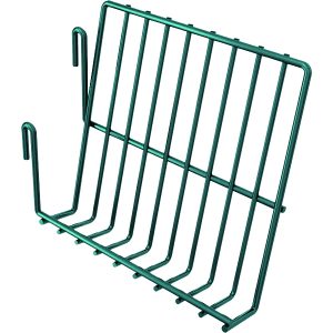 The Quantum Store Grid Book Holder, 8W, in green epoxy with an antimicrobial finish features a sleek metal design with multiple vertical bars and two top hooks.